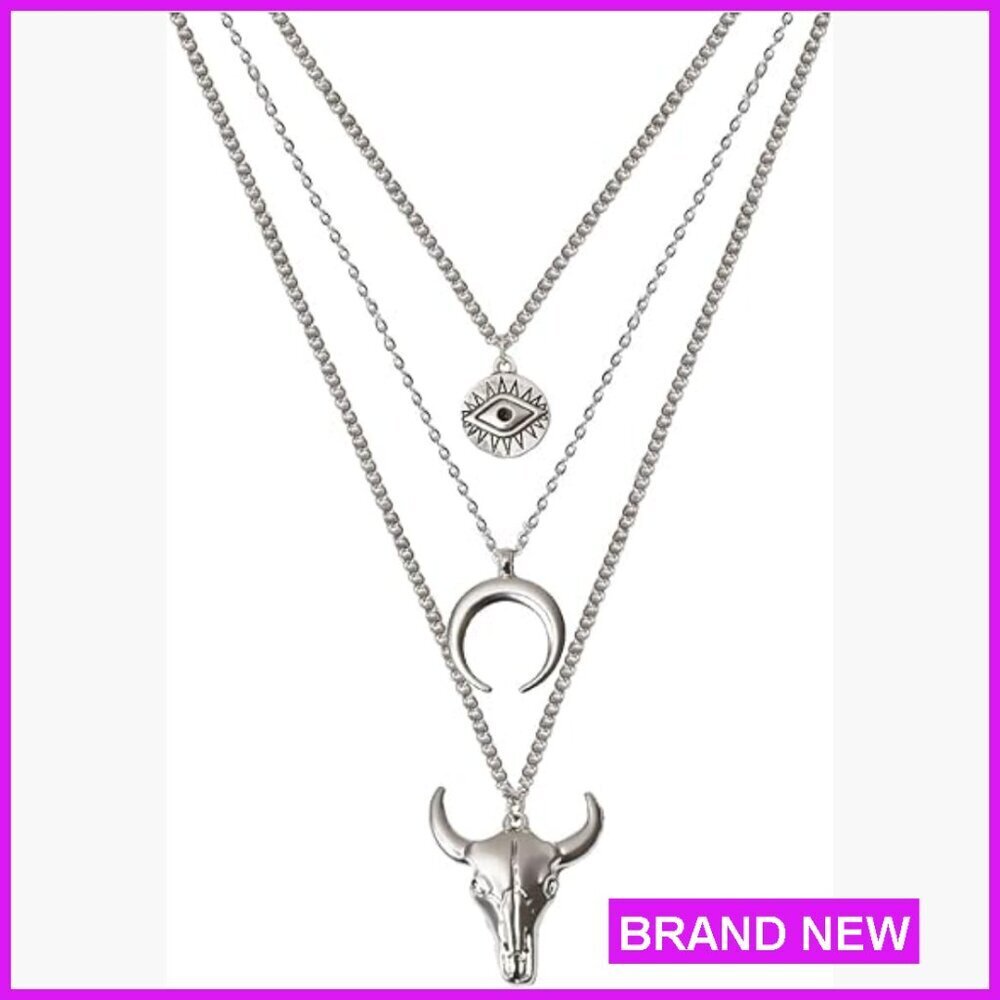 Boho Layered Necklace Western Evil Eye Moon Bull Head Chain Jewelry